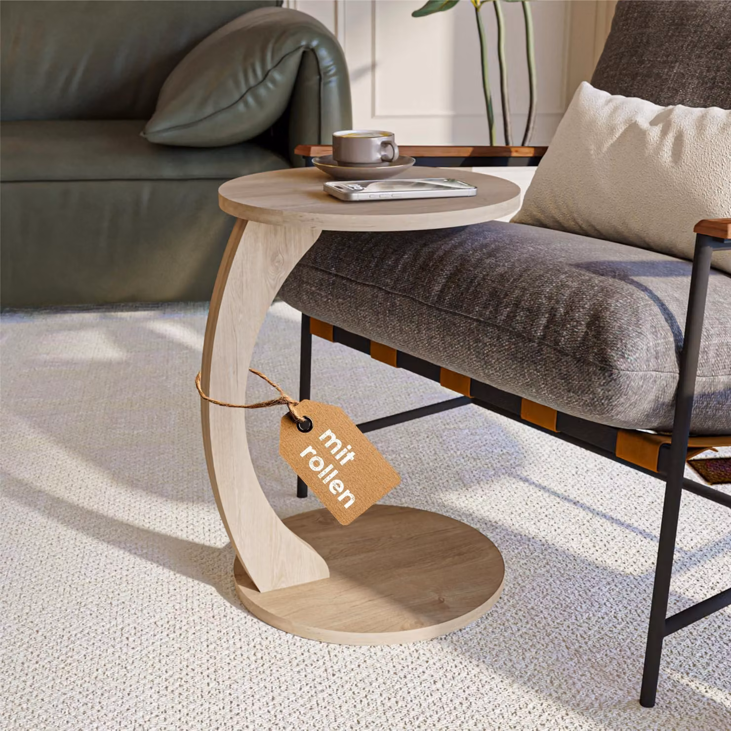 Tavolino da salotto a forma di "C" con ruote, finitura effetto rovere fumé