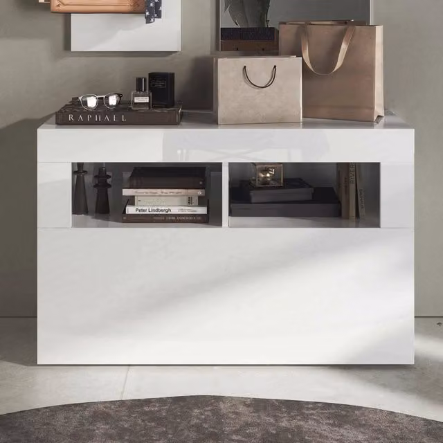 Scarpiera Bernardin DMORA, Mobile porta scarpe moderno per ingresso con ripiano aperto e scomparti basculanti, Bianco lucido, L: 91 cm, P: 35 cm, H: 57 cm