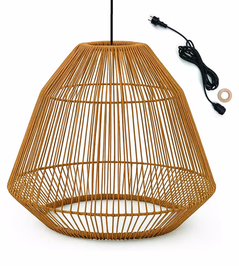 Lampada a sospensione da esterno, in rattan sintetico, stile bohémien, cavo da 5 metri, color beige