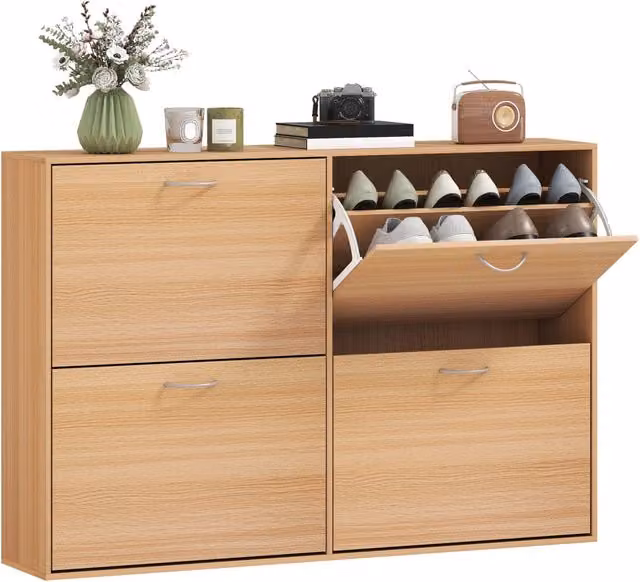 Scarpiera Ingresso Salvaspazio Slim con 4 Ante a Ribalte, Mobile Scarpiera Moderna per 24 Paia di Scarpe con Ripiani Regolabili, Portascarpe in Legno, 120x24x81cm, Color Legno