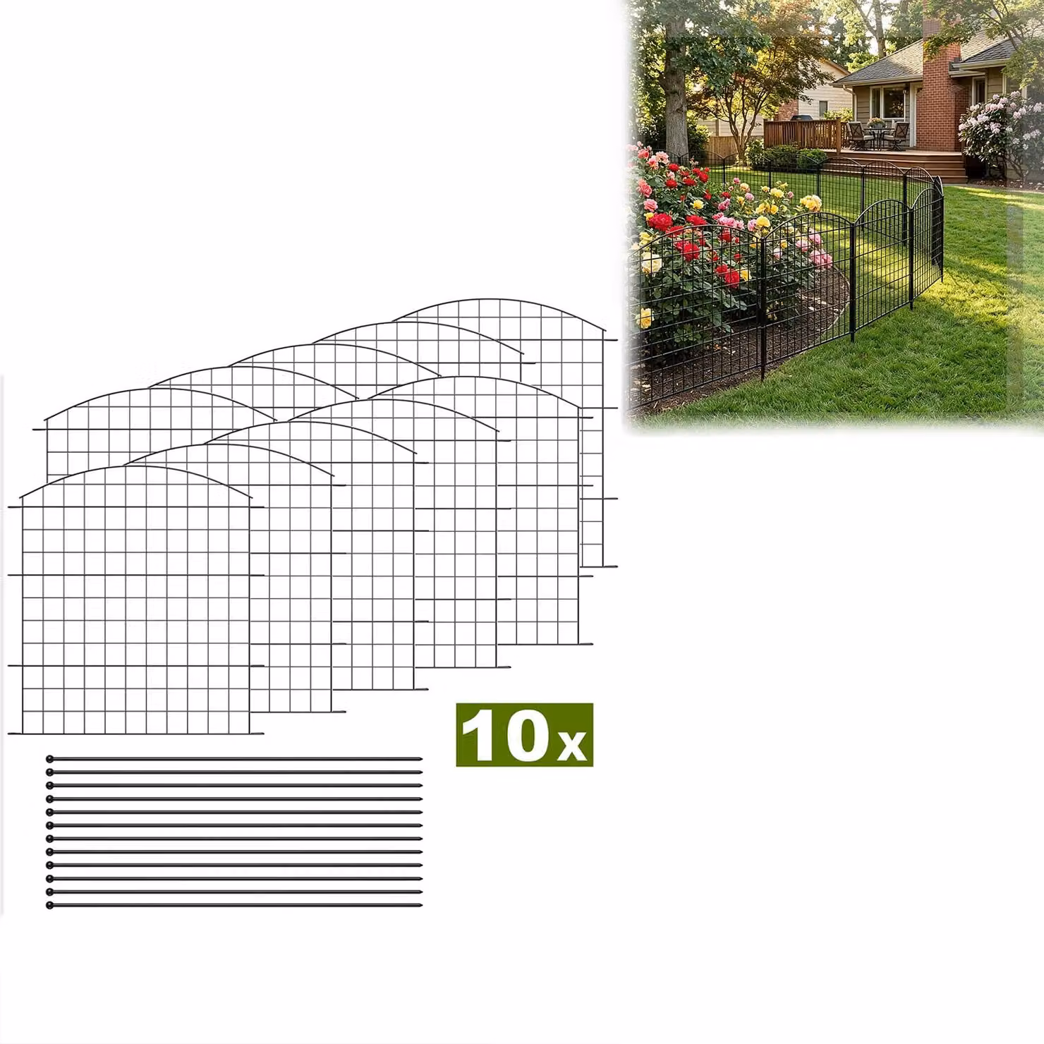 Recinzione metallica per animali, stagni da giardino e conigli, set modulare ad arco con 10 elementi di recinzione + 12 picchetti da terra, colori: nero/verde