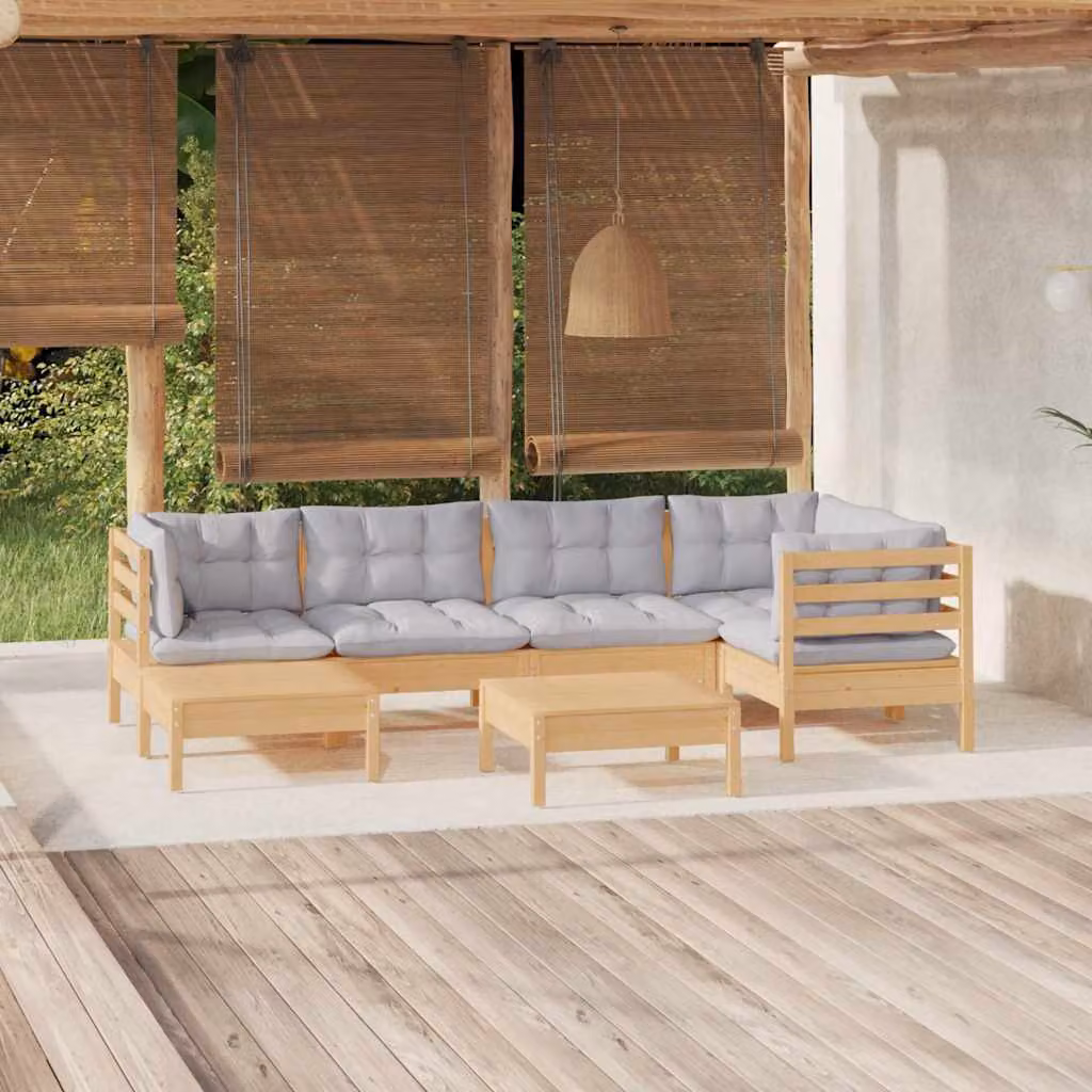Set di divani da giardino vidaXL in legno di pino massello con cuscini grigi, composizione a L con pouf e moduli angolari, stile moderno