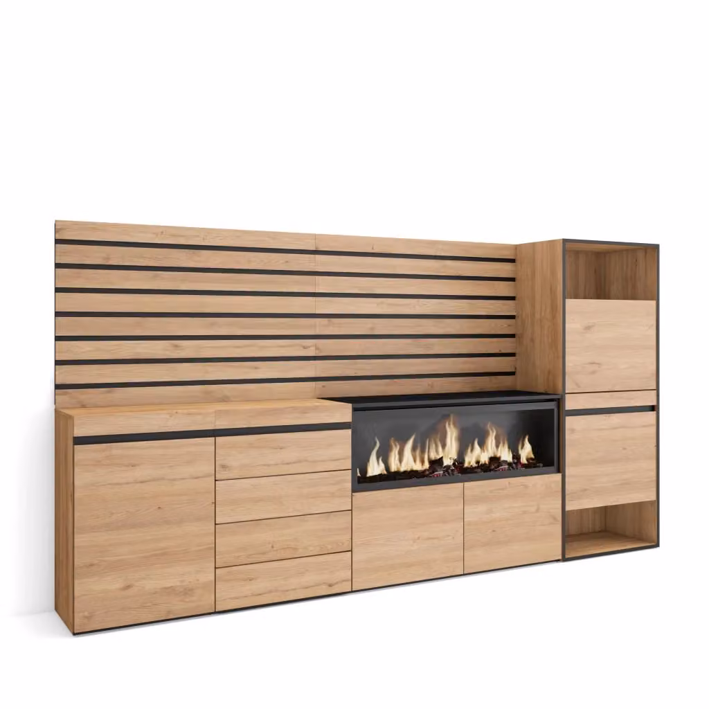 Credenza con Camino Elettrico XXL e Cassettiera SKRAUT HOME, Colore Rovere, L: 274 cm, P: 35 cm, H: 145 cm – 2