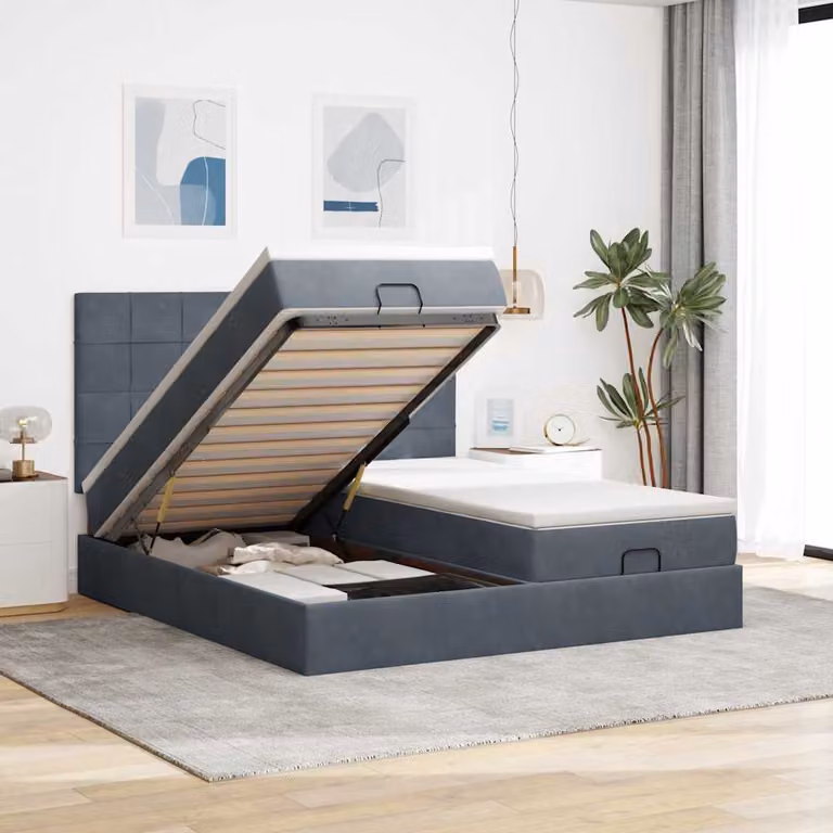 Letto con Pouf e Materasso vidaXL in Velluto con Base a Sollevamento, Luci Sotto il Letto e Porte USB, L/P/H: 180 x 200 x 128 cm