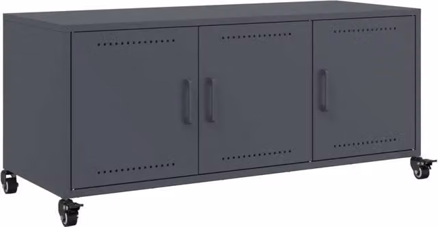 Mobile TV in stile industrial con scomparti multimediali e ruote, colore antracite, L/P/H: 100,5 x 39 x 43,5 cm