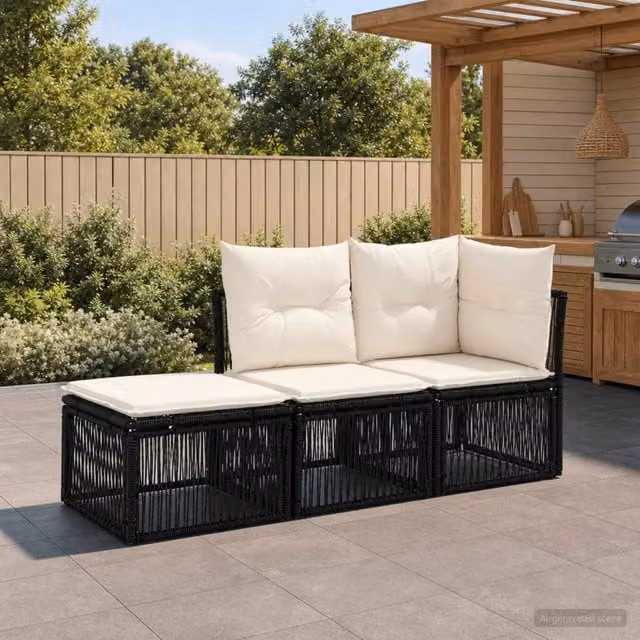 Set Divano da Giardino a L con Ottoman vidaXL, 3 posti, Nero