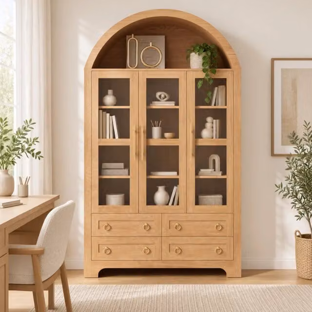 Credenza con 3 ante in vetro; 4 cassetti e vano ad arco; 110x40x185 cm; PB e MDF; naturale