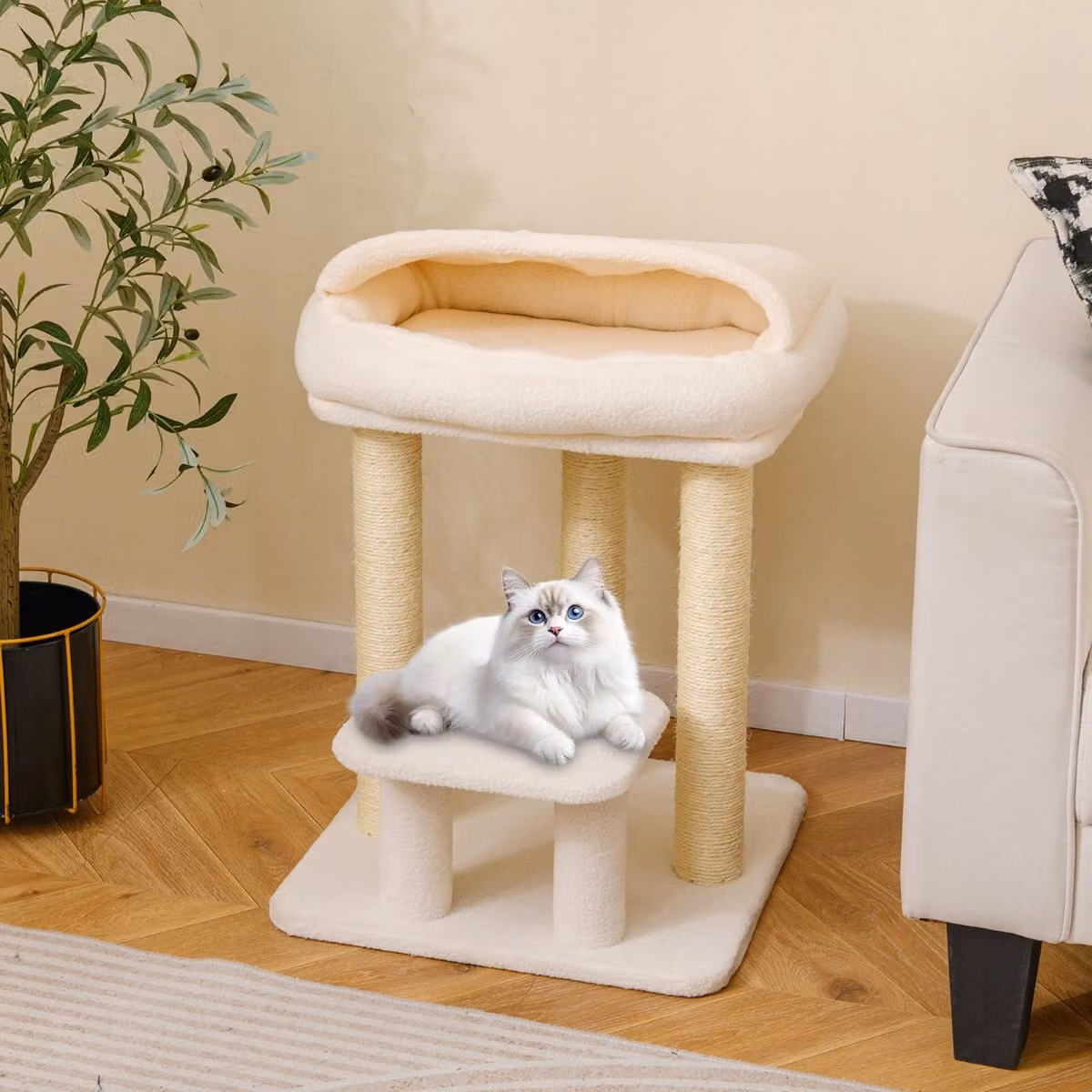 Albero per gatti Costway con letto in peluche, pali tiragraffi in sisal e piattaforma per salto, modello piccolo da interno, Bianco
