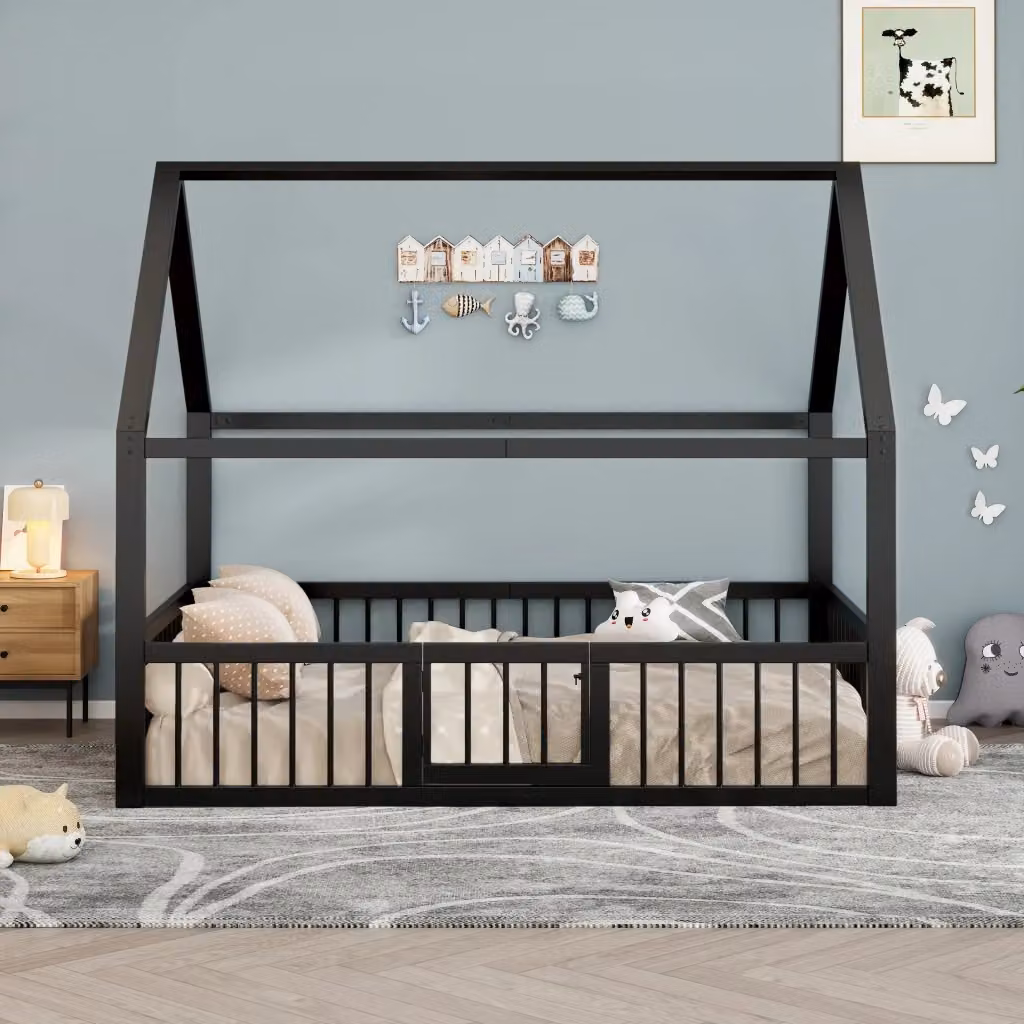 Letto casetta per bambini in metallo nero con sponde e sportello L/P/H: 200 x 140 x 144 cm – 2