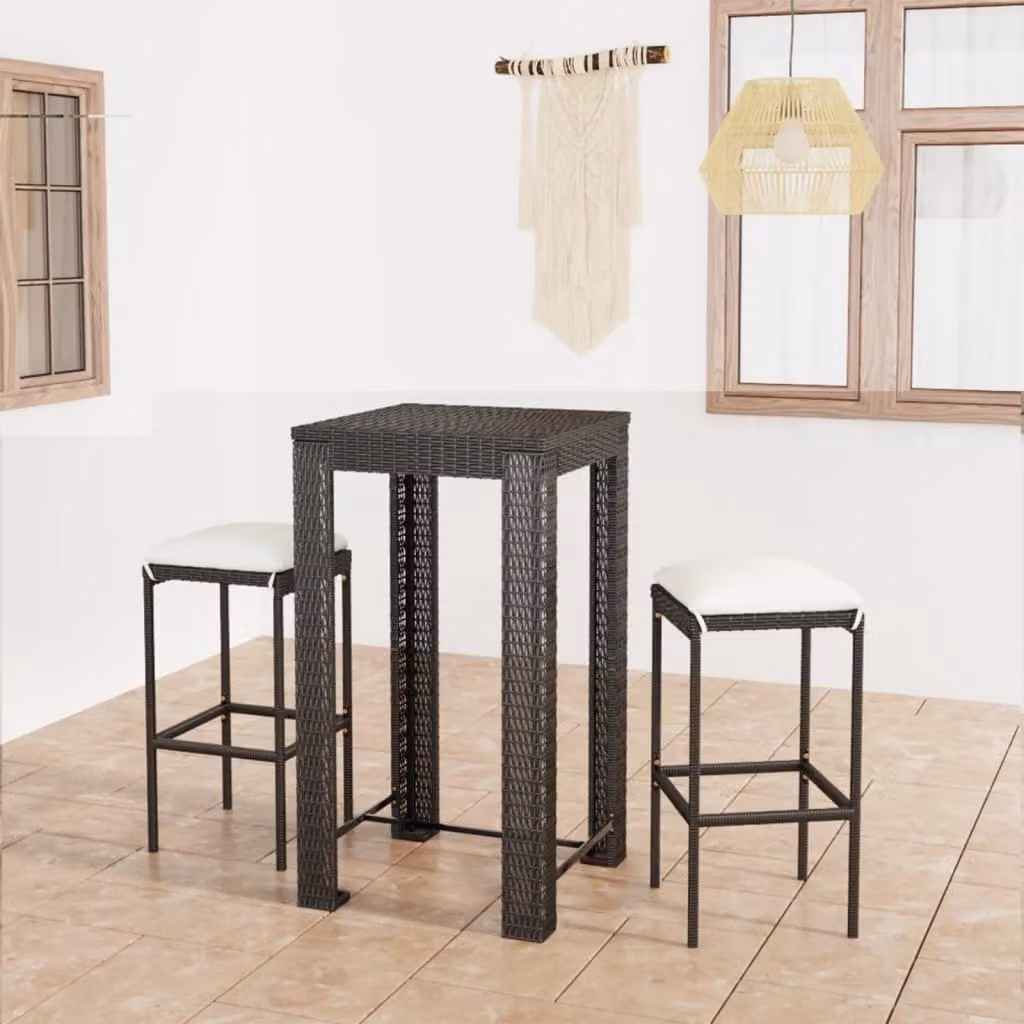 The Living Store Set bar da giardino 3 pezzi con cuscini in poly rattan nero