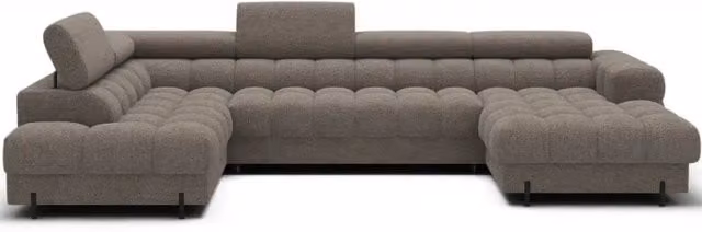Divano panoramico convertibile FERARIA MEUBLORAMA beige scuro con angolo sinistro, forma a U, con funzione letto e poggiatesta regolabile, L: 358 cm, P: 93 cm, H: 202 cm – 1