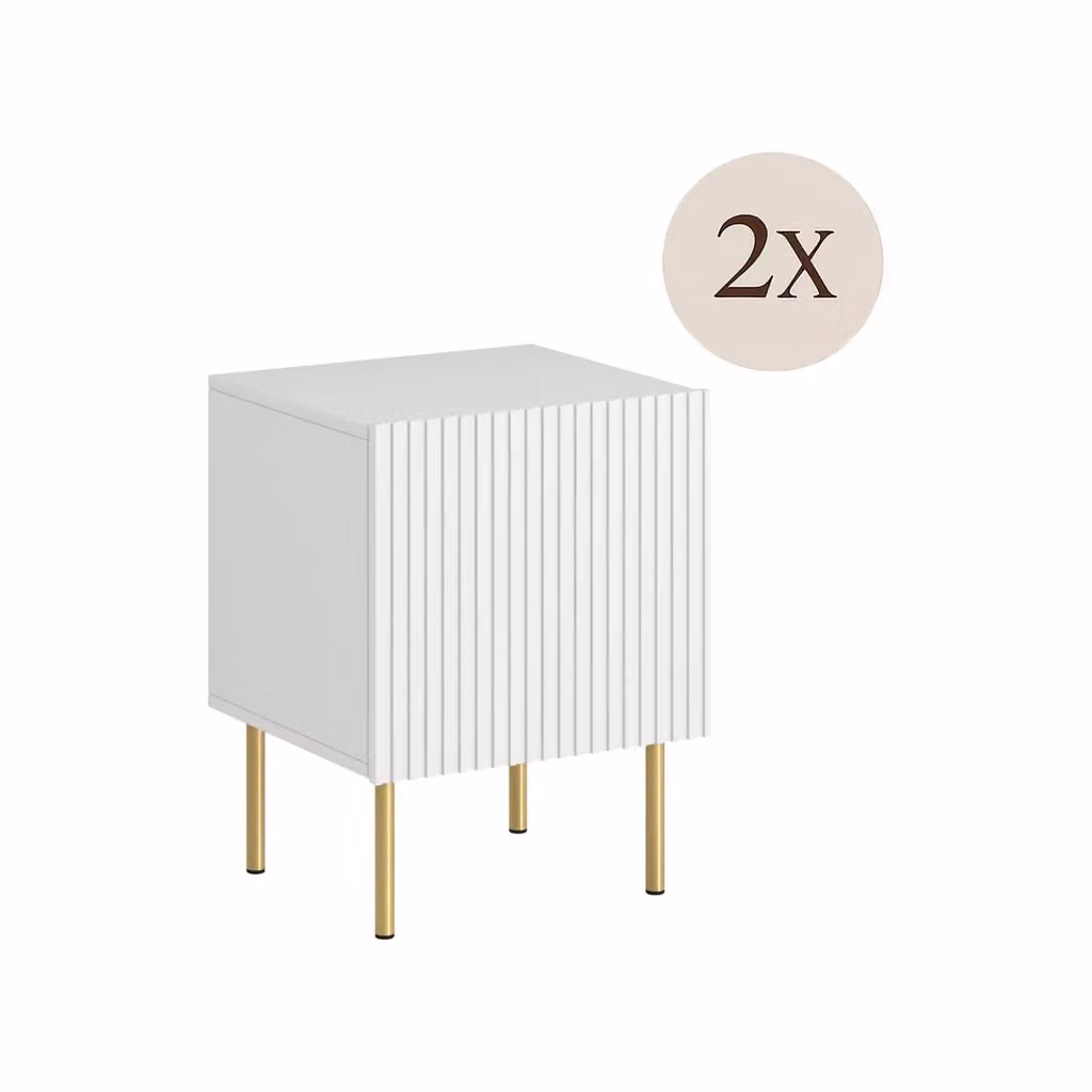 Set di 2 comodini Farini DMORA, comò basso con anta battente e vano interno, finitura effetto cannettato bianco opaco, L: 45 cm, P: 40 cm, H: 51 cm – 2
