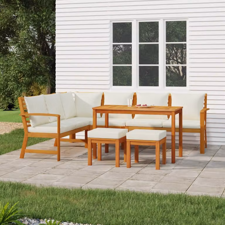 Set da Pranzo da Giardino vidaXL in Legno di Acacia con 7 Pezzi e Cuscini, Colore Marrone e Bianco