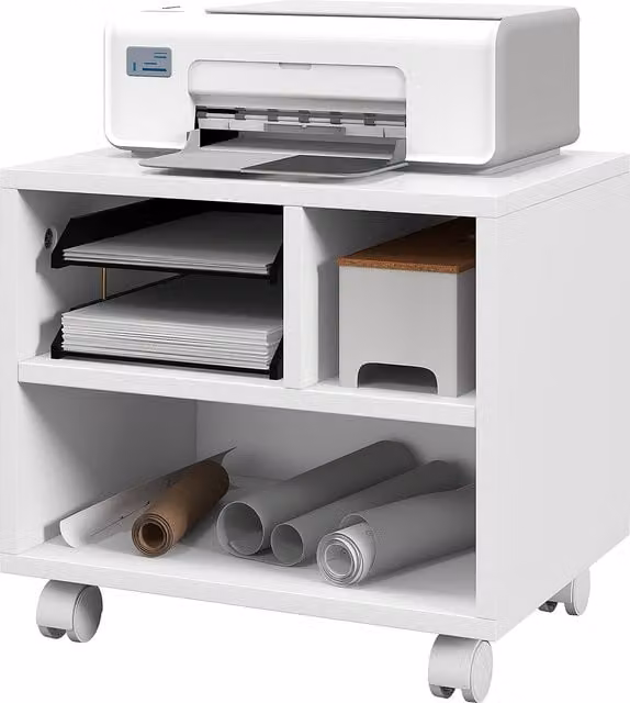HOMCOM Mobile Porta Stampante a 2 Livelli con 3 Scomparti e Ruote per Ufficio e Studio, Bianco, L 40 cm x P 30 cm x H 36 cm – 1