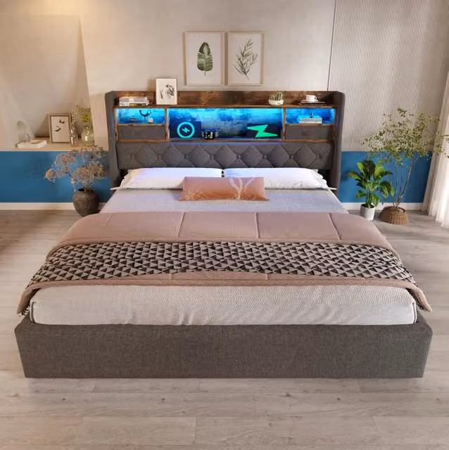 Letto 180x200 cm con contenitore, LED e stazione di ricarica USB in lino grigio