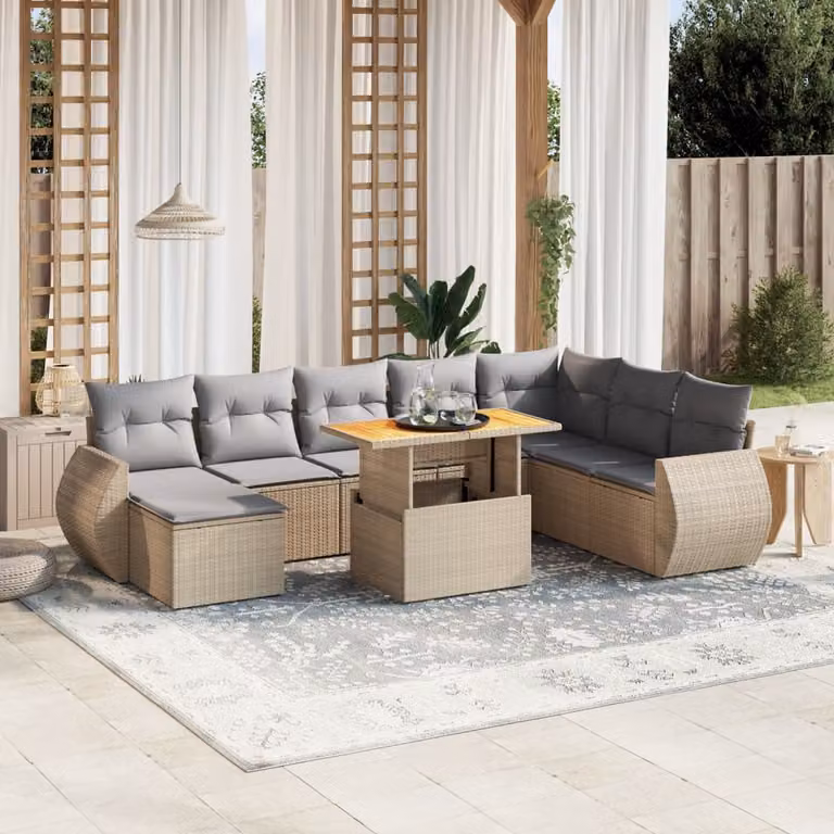 vidaXL Set Divano da Giardino a L 9 pz in Polyrattan con Cuscini Beige e Tavolino da Esterno
