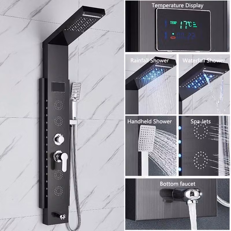 Pannello doccia LED effetto pioggia - Colonna doccia con getto a cascata - Display digitale della temperatura - Ugelli per massaggio corpo tipo spa - Acciaio inossidabile 304 - Nero