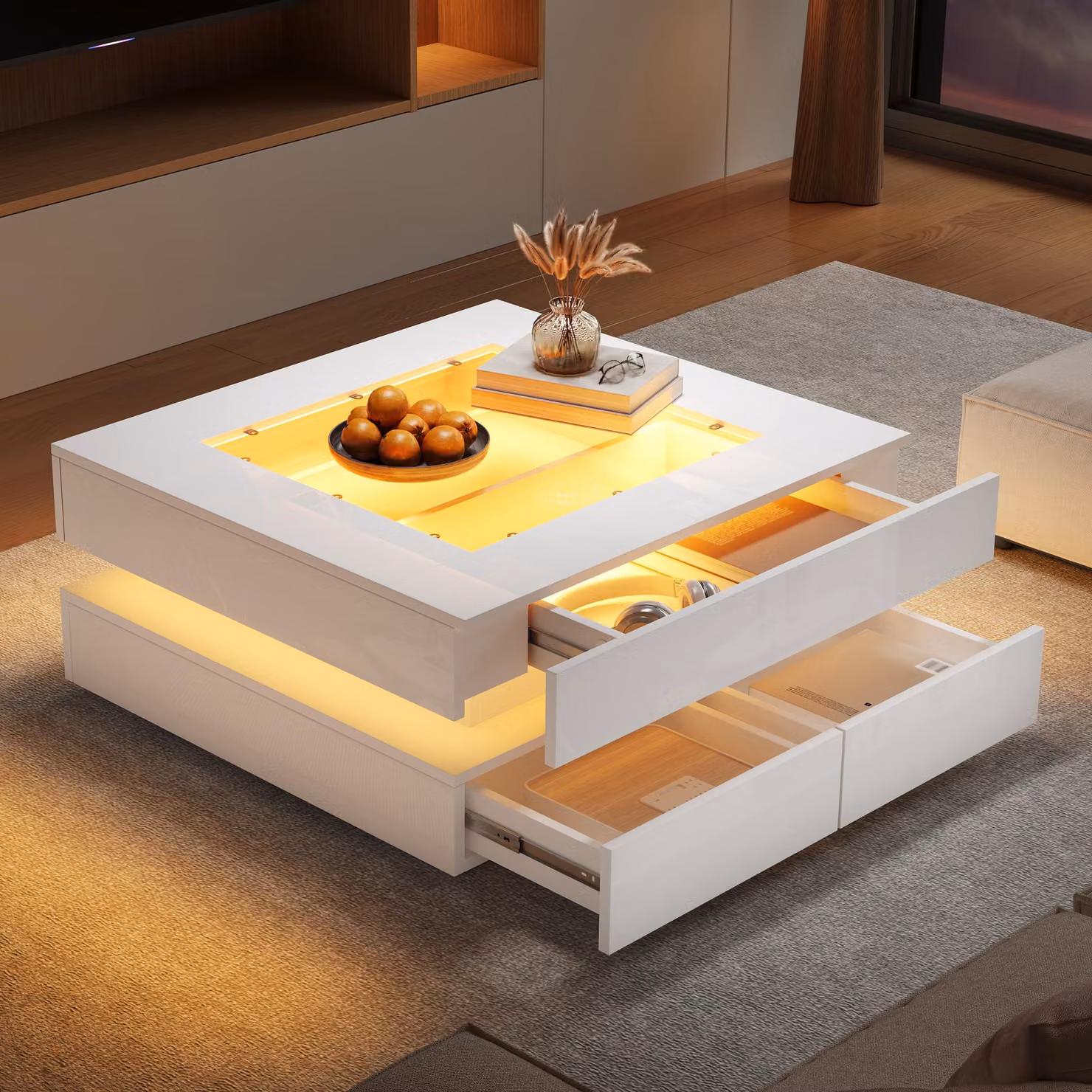 Tavolino Merax LED con piano in vetro, tavolino da salotto con 3 cassetti, tavolino da divano moderno per ambienti piccoli, bianco lucido