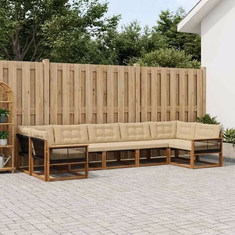 Set di divani da esterno vidaXL 7 pz in legno di acacia e tessuto beige con cuscini inclusi