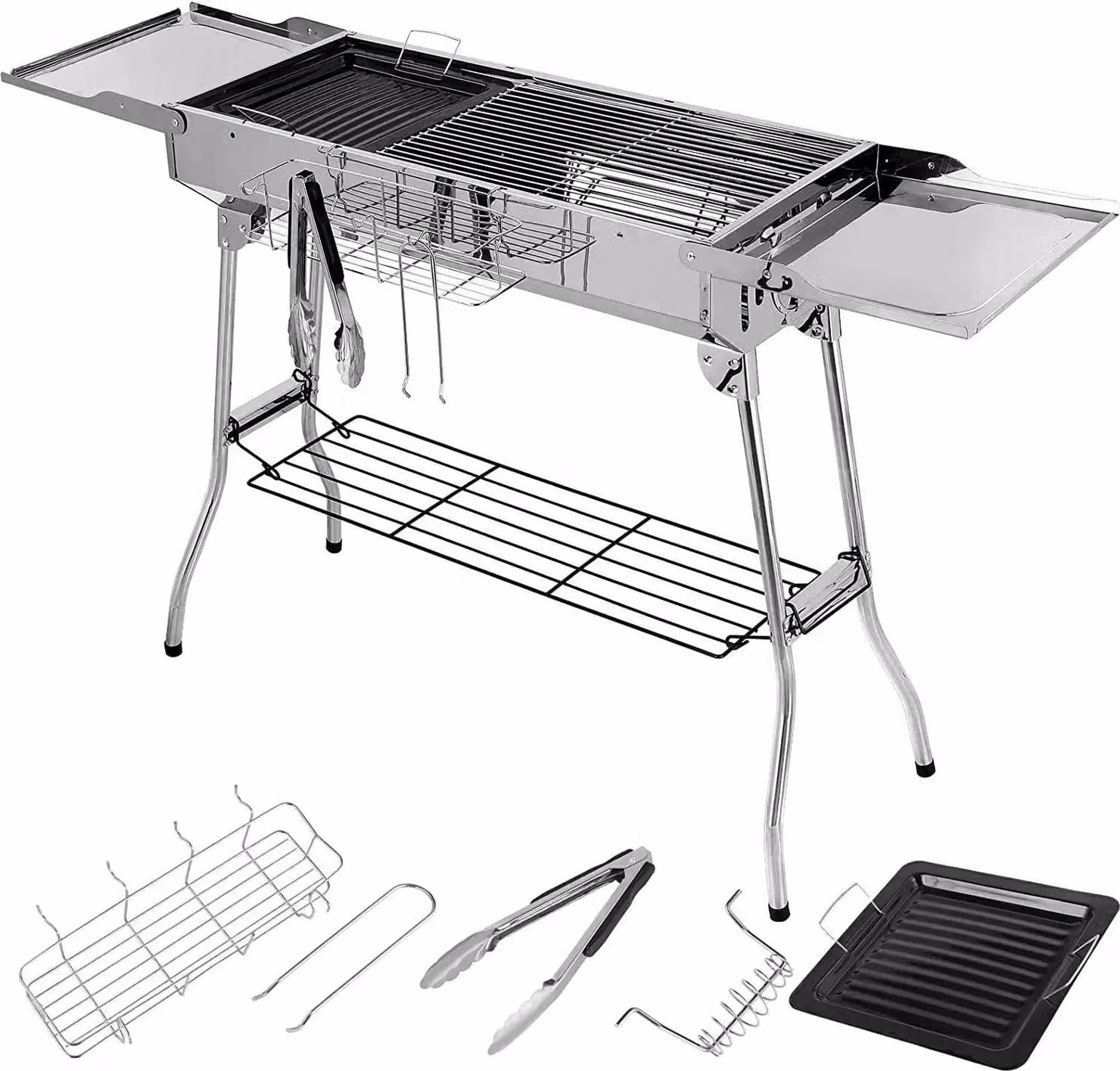 Barbecue a carbonella - Barbecue da campeggio portatile - Acciaio inossidabile - Ripiani laterali ribaltabili - Padella antiaderente - Ventilazione regolabile - Facile da pulire