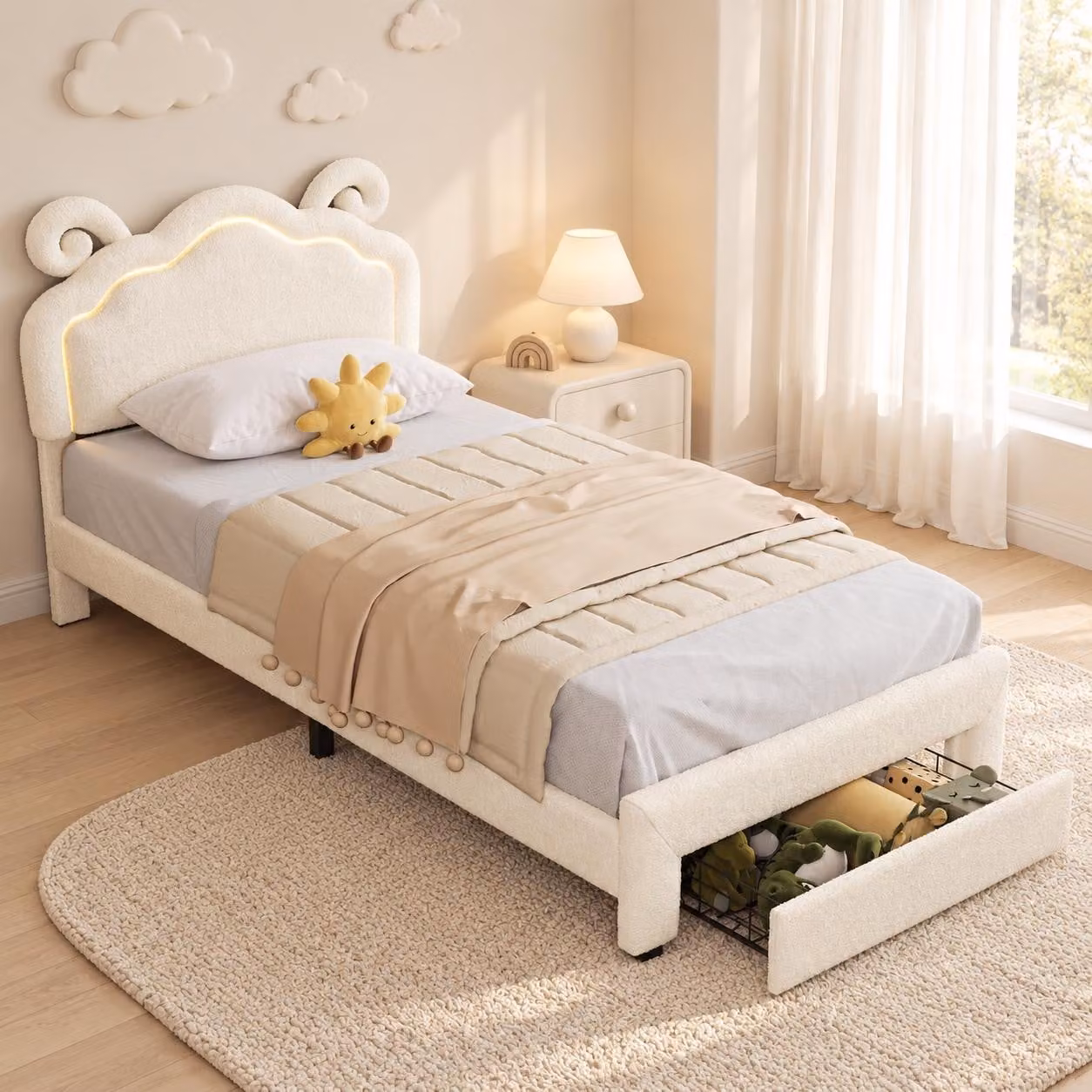 Letto imbottito INONEFT, 90x200 cm, struttura per letto a una piazza con illuminazione a LED e cassetto, letto regolabile in altezza con poggiatesta regolabile, rivestito in tessuto tipo "teddy", colore beige