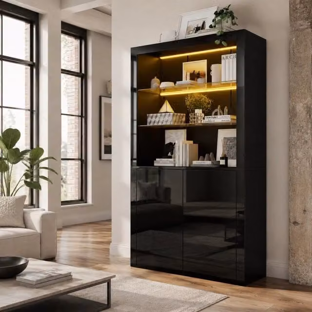 Vetrina moderna Mivray con LED e ante in vetro, finitura lucida nera, L: 100 cm, P: 35 cm, H: 170 cm