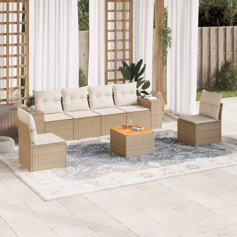 vidaXL Set Divani da Giardino 7 pz in Polyrattan con Cuscini Beige e Tavolino da Caffè Moderno