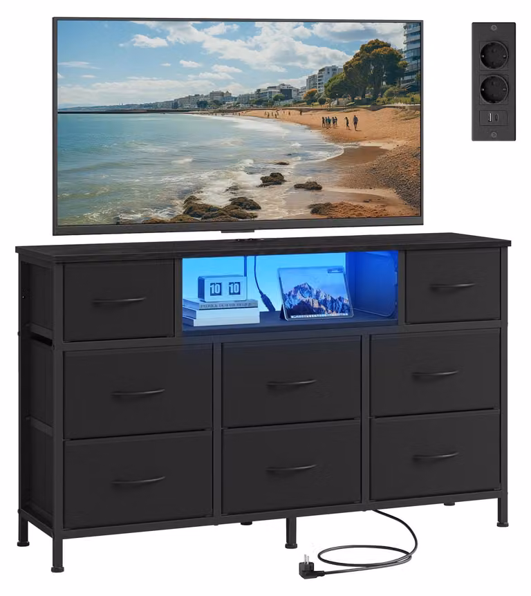 SONGMICS, mobiletto contenitore con 8 cassetti rivestiti in tessuto, mobile TV con prese di corrente e