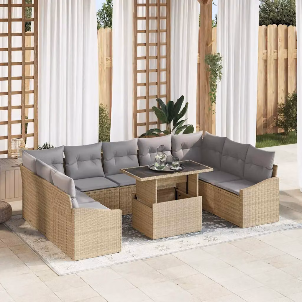 Set di divani da giardino vidaXL in polyrattan con tavolino e cuscini, design a L, beige e grigio – 1
