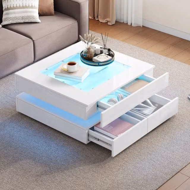 Tavolino basso fisso con piano in vetro temprato; LED tramite app; 3 cassetti in truciolare bianco 70 × 70 × 35 cm