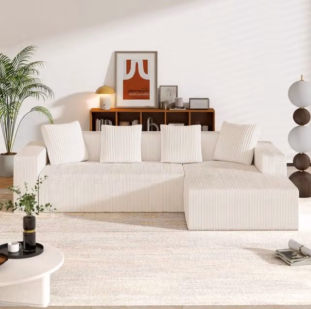 Divano modulare a L 261x146x65 cm senza montaggio in corduroy bianco