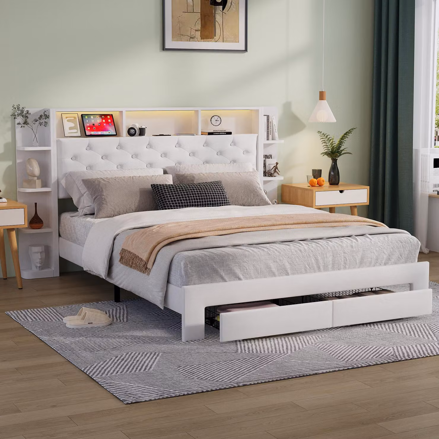 Letto imbottito Fortuna Lai 160x200 cm con rete a doghe, 2 cassetti, illuminazione LED e porte USB, testata con vano contenitore, rivestimento in velluto, bianco - Ideale per adulti e ragazzi