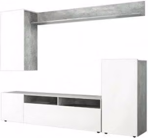 Parete per soggiorno COSMA Bridge bianco lucido e grigio cemento L: 207 cm, P: 34 cm, H: 170 cm