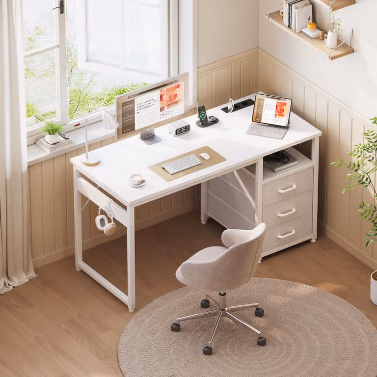 Scrivania con vano contenitore - 100x48 cm - Bianca - Con porte USB e prese di corrente - Realizzata in metallo e legno - Adatta per ufficio e gaming