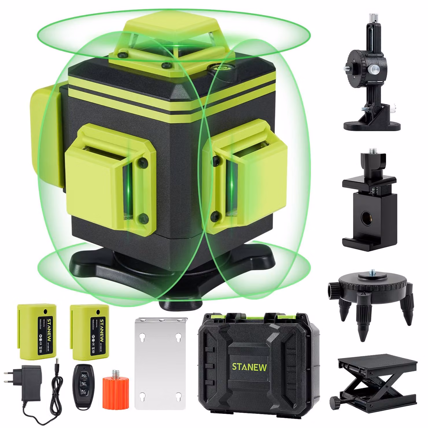 Livella laser a filo d'acqua, laser verde, 4 x 360°, livellamento automatico, metallo, per interni ed esterni