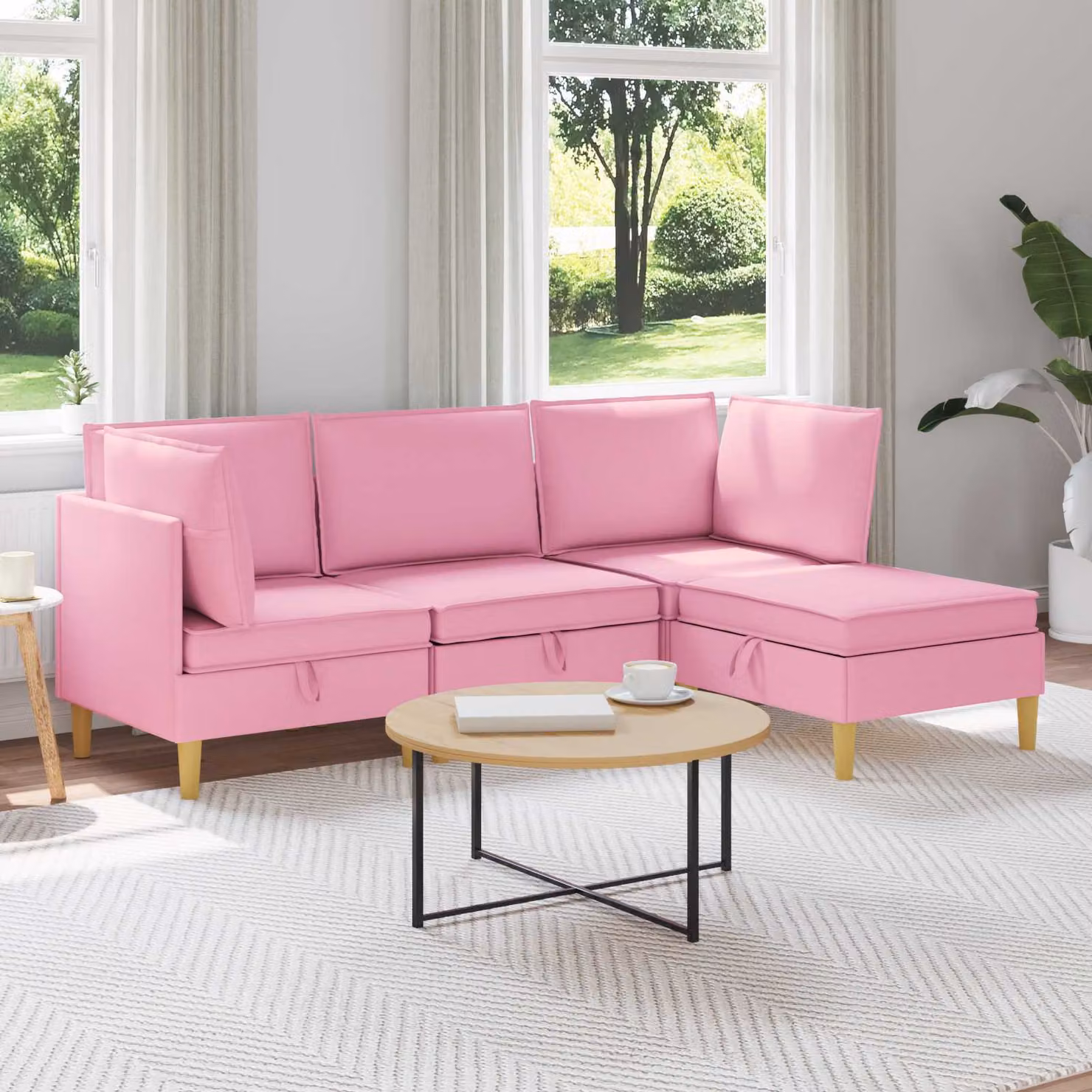 Set di divani modulari vidaXL da 4 pezzi in tessuto rosa con spazio di archiviazione e cuscini inclusi