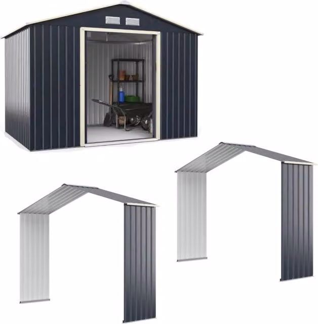 Set capanno degli attrezzi in acciaio con 2 kit di estensione, casetta da giardino con ante scorrevoli e sfiati laterali, colore grigio antracite – 1