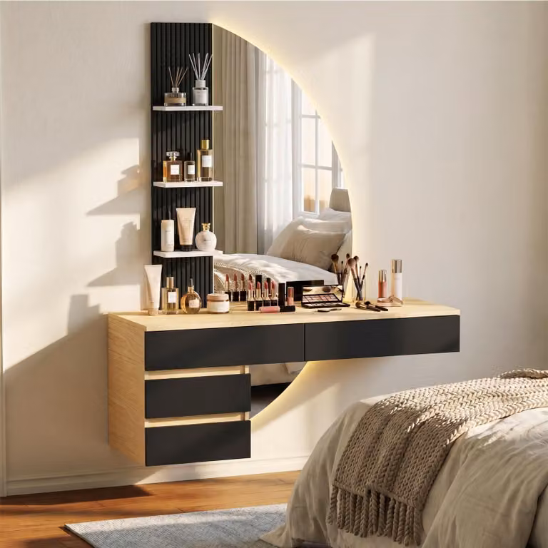 Tavolino da trucco da parete JUMMICO con specchio HD illuminato a LED e luminosità regolabile