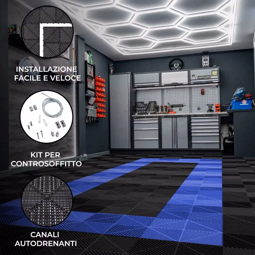Set di Luci LED Esagonali e Piastrelle Ventilate per Garage e Officina Monster Shop, Colore Nero e Blu, in PVC – 2