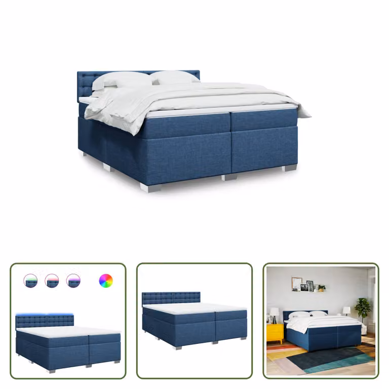 The Living Store Letto a molle con materasso blu 200x200 cm in tessuto