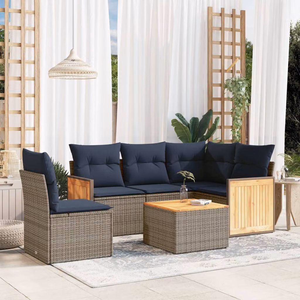Set da giardino vidaXL in polyrattan grigio con cuscini e tavolino da esterno a forma di L