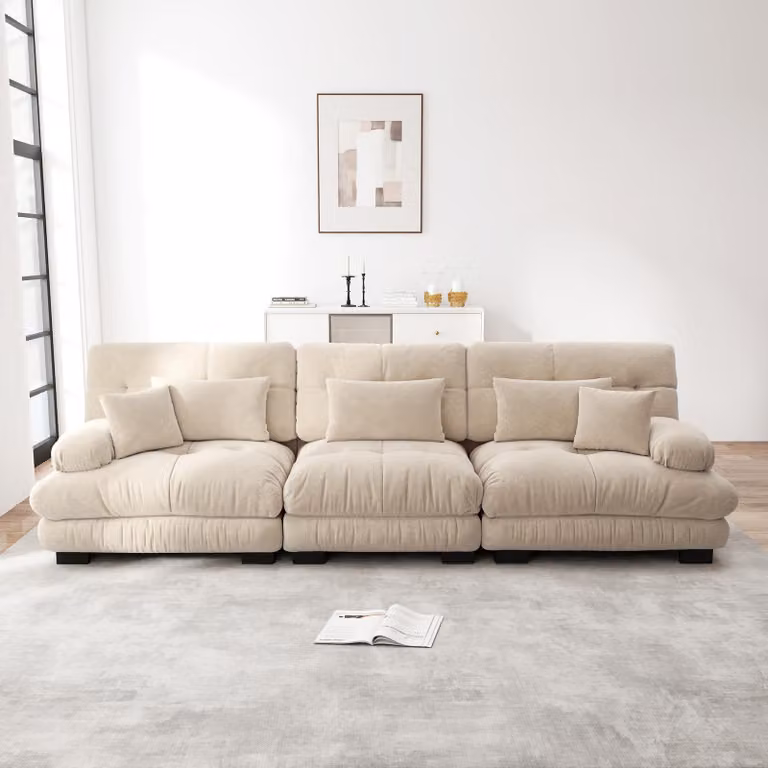 Divano angolare modulare Sweiko a 3 posti con seduta profonda, divano letto in ciniglia Comodo imbottito per soggiorno, appartamento, studio, ufficio, ciniglia marrone chiaro