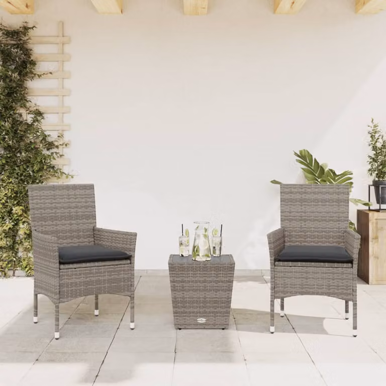 Set da Bistrò vidaXL 3 pz in Polyrattan e Vetro con Cuscini Grigio