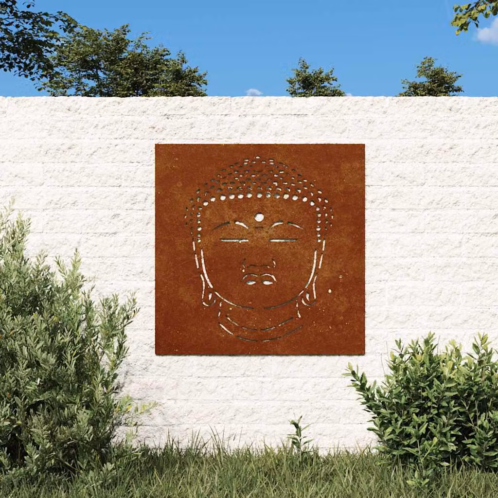 Decorazione da muro per giardino con testa di Buddha vidaXL in acciaio corten color marrone, 55 x 55 cm