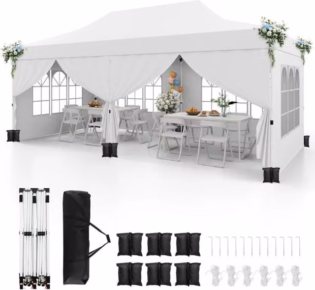 Gazebo pop-up con 6 pareti laterali e ingressi con cerniera, Gazebo istantaneo portatile per festa e picnic 3 x 6 m Bianco-Gazebo
