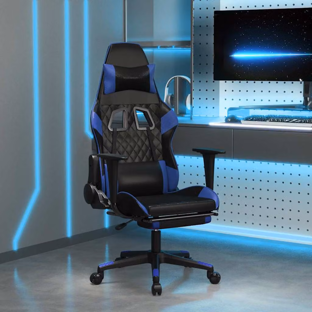 Sedia da Gaming vidaXL in Similpelle con Poggiapiedi e Braccioli, Nero e Blu
