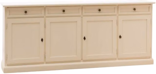 Madia credenza shabby chic in legno di pino con 4 porte di Mobili 2G, colore avorio anticato, L: 205 cm, P: 42 cm, H: 85 cm – 1
