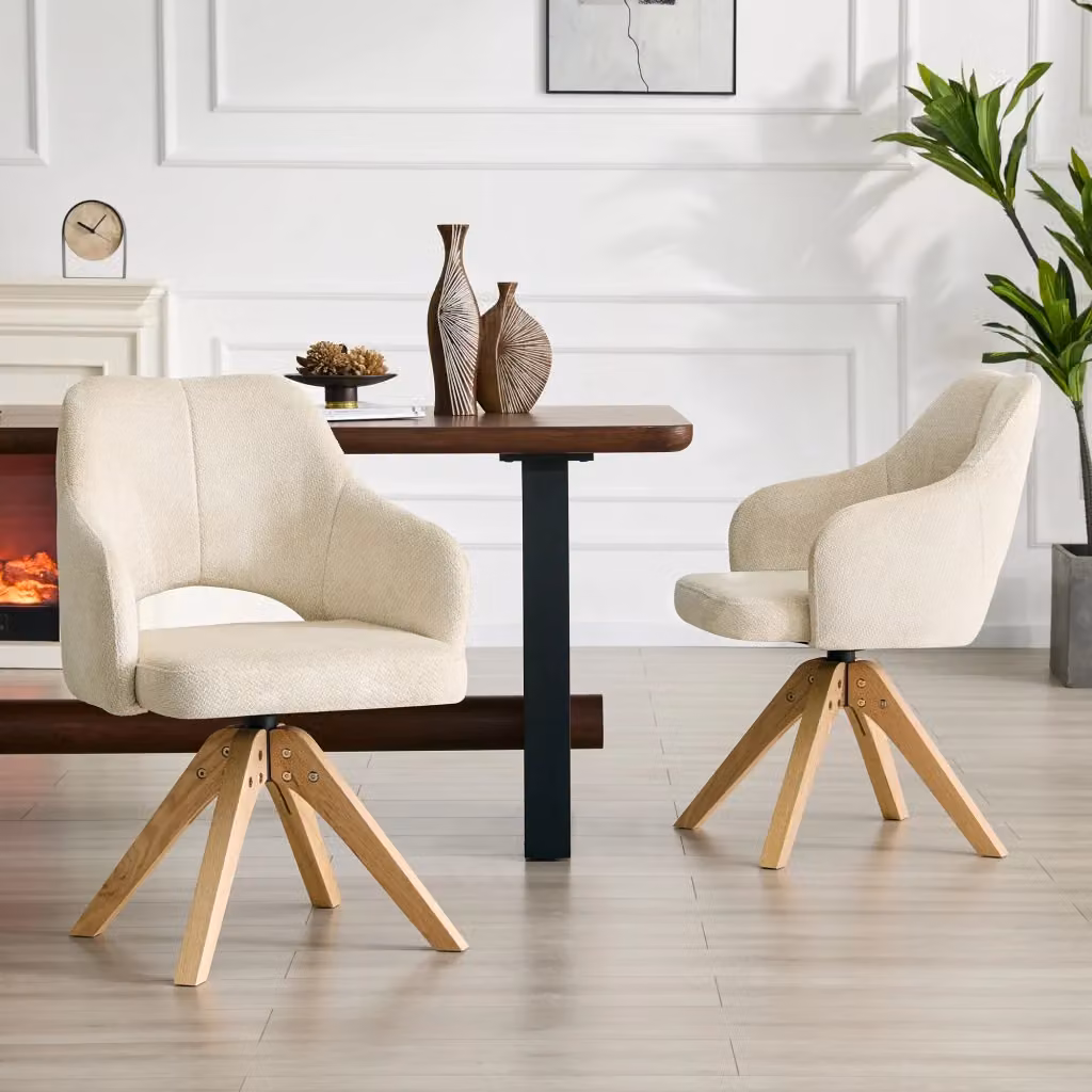 Set di 2 sedie da pranzo girevoli WISHDOR in tessuto beige e bianco con gambe in legno massello e rotazione a 360° – 2