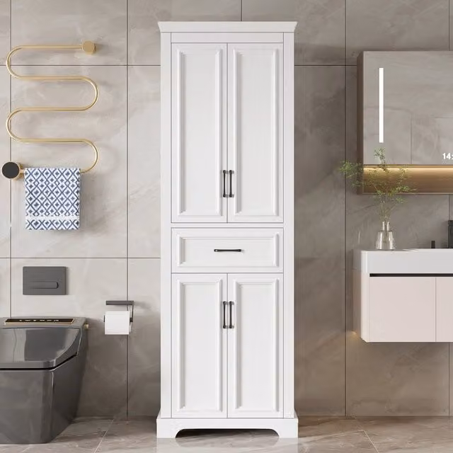 Desviae Armadietto da bagno con 2 ante e 1 cassetto in MDF verniciato bianco, con ripiani regolabili, 60 × 40 × 180 cm