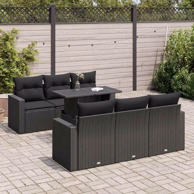 Set Divano da Giardino L-Shape vidaXL con 7 Pezzi, Nero, con Cuscini e Tavolino da Caffè in Polyrattan e Acciaio